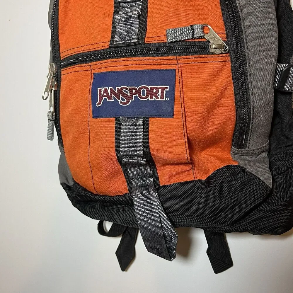Vintage JanSport Backpack Orange Black Gray Trail Hiking Multi Pocket 90s Bag